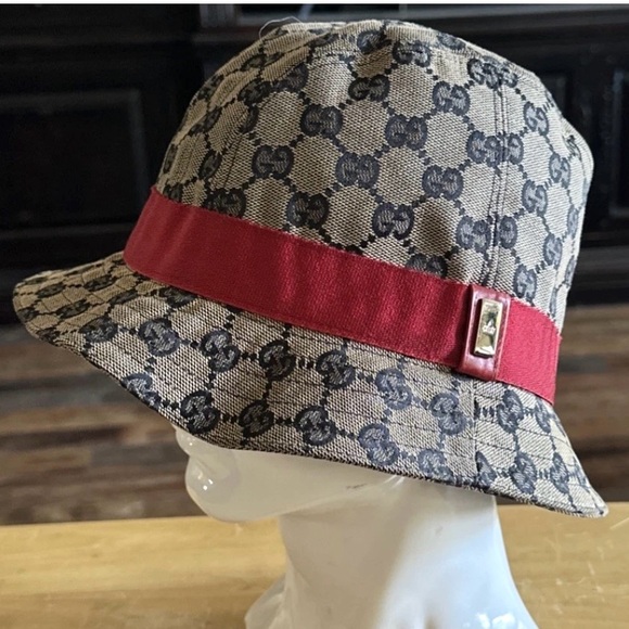 Gucci Accessories - Gucci Bucket Hat Logo Canvas Beige Blue Red Color